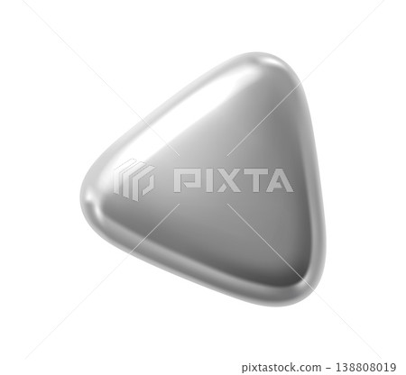 Silver metallic 3d rounded triangle realistic figure. Shiny metal element, Silver metallic rounded triangle 3d render isolated vector form. Chrome metallic figure or glossy gradient balloon shape 138808019