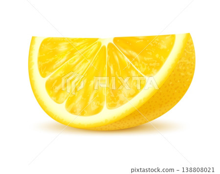 Realistic ripe lemon citrus fruit segment. Isolated 3d vector vibrant yellow plant piece with a bright exterior and zesty flavor. Cooking ingredient for baking, beverages, culinary and refreshing uses Realistic ripe lemon citrus fruit segment. Isolated 3d vector vibrant yellow plant piece with a bright exterior and zesty flavor. Cooking ingredient for baking, beverages, culinary and refreshing uses 138808021