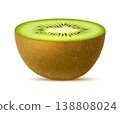 Realistic raw isolated ripe kiwi fruit half slice. 3d vector halved tropical kiwi showing its vibrant green interior, black seeds, and brown fuzzy skin, fresh, juicy texture and cross section view 138808024