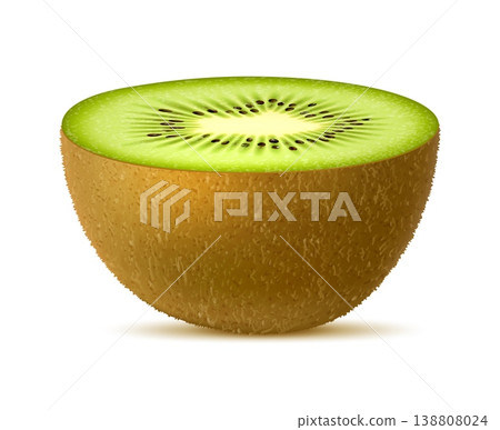 Realistic raw isolated ripe kiwi fruit half slice. 3d vector halved tropical kiwi showing its vibrant green interior, black seeds, and brown fuzzy skin, fresh, juicy texture and cross section view Realistic raw isolated ripe kiwi fruit half slice. 3d vector halved tropical kiwi showing its vibrant green interior, black seeds, and brown fuzzy skin, fresh, juicy texture and cross section view 138808024