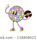 Dancing disco ball cartoon groovy character. Dance party groovy mascot, nightclub discoball cute vector character. Music party yellow and purple disco ball funny personage standing with vinyl disk 138808025