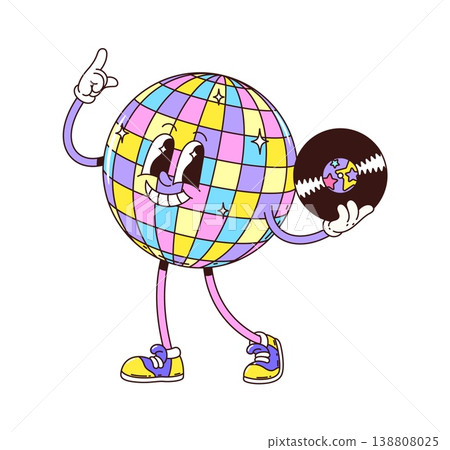 Dancing disco ball cartoon groovy character. Dance party groovy mascot, nightclub discoball cute vector character. Music party yellow and purple disco ball funny personage standing with vinyl disk Dancing disco ball cartoon groovy character. Dance party groovy mascot, nightclub discoball cute vector character. Music party yellow and purple disco ball funny personage standing with vinyl disk 138808025
