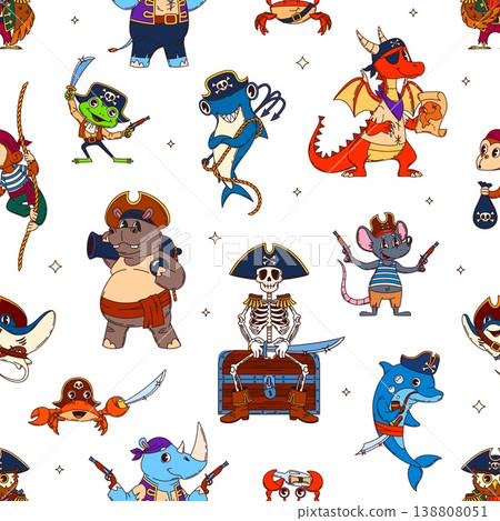 Seamless pattern of animal pirate and corsair ship crew characters. Cute hippopotamus, frog, skeleton, mouse, dolphin, crab, hammerhead fish, monkey, rhinoceros, dragon personage for kids textile 138808051