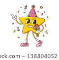 Cartoon groovy star character. Funky, smiling star mascot with birthday party hat, vibrant pink sneakers, and holding cheerful bouquet of flowers, walking through a shower of festive confetti 138808052