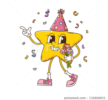 Cartoon groovy star character. Funky, smiling star mascot with birthday party hat, vibrant pink sneakers, and holding cheerful bouquet of flowers, walking through a shower of festive confetti Cartoon groovy star character. Funky, smiling star mascot with birthday party hat, vibrant pink sneakers, and holding cheerful bouquet of flowers, walking through a shower of festive confetti 138808052