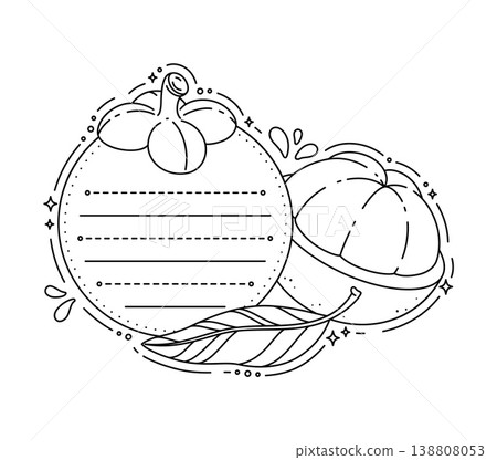 Natural mangosteen tropical fruit kids memo note template. Tropical fruit diary page vector label or memo note frame. Child scrapbook sticker or schedule list with mangosteen exotic fruit and leaf Natural mangosteen tropical fruit kids memo note template. Tropical fruit diary page vector label or memo note frame. Child scrapbook sticker or schedule list with mangosteen exotic fruit and leaf 138808053