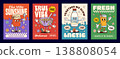 Funky breakfast groovy hippie characters posters, vector food and drink. Cartoon happy morning cereal bowl and milk bottle characters. Retro groovy orange juice glass and jam jar with spoon posters 138808054