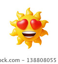3d sun funny emoji smiling face character. Yellow 3D sun face emoticon face, sunny weather happy emotion mood vector personage. Sunshine smiling expression emoticon character with love heart eyes 138808055
