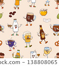 Cartoon groovy drink characters seamless pattern including wine, coffee, and milkshake with happy faces. Retro vector design with 70s vibe beverages like beer, tea and honey jars for restaurant menu 138808065