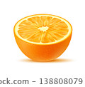 Realistic ripe raw orange fruit half cut for juice or sweet dessert, isolated vector. Fresh juicy orange fruit with realistic texture cut in half with peel for juice, jam or lemonade drink and food 138808079