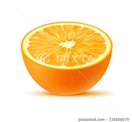 Realistic ripe raw orange fruit half cut for juice or sweet dessert, isolated vector. Fresh juicy orange fruit with realistic texture cut in half with peel for juice, jam or lemonade drink and food Realistic ripe raw orange fruit half cut for juice or sweet dessert, isolated vector. Fresh juicy orange fruit with realistic texture cut in half with peel for juice, jam or lemonade drink and food 138808079