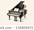 A monochrome, hand-drawn illustration of a grand piano. 138808455