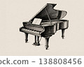 A monochrome, hand-drawn illustration of a grand piano. 138808456