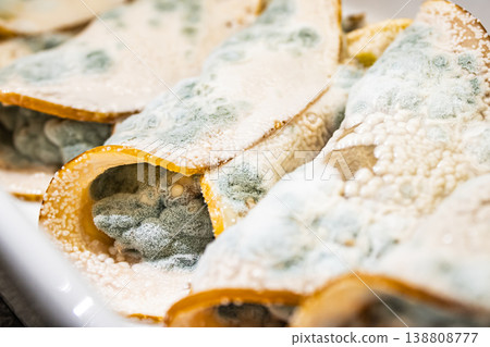 Macro texture of green mold on spoiled pancakes in white tray Macro texture of green mold on spoiled pancakes in white tray 138808777