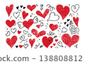 Crayon doodle hearts set. Chalk texture hand drawn red heart icon collection. Pencil love sign. Kid school crayon drawing. Scribble cute love shape. Vector illustration isolated on white background 138808812