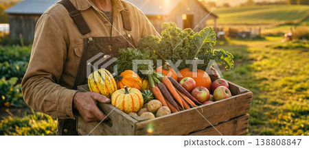 Mature male farmer holding wooden crate filled with fresh autumn harvest vegetables pumpkins carrots kale organic farming agricultural field background sunset warm light Mature male farmer holding wooden crate filled with fresh autumn harvest vegetables pumpkins carrots kale organic farming agricultural field background sunset warm light 138808847