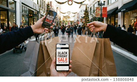 People holding smartphones showing black friday sale advertisement and carrying paper shopping bags walking down crowded outdoor city street decorated for winter holidays People holding smartphones showing black friday sale advertisement and carrying paper shopping bags walking down crowded outdoor city street decorated for winter holidays 138808848