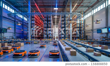 Futuristic industrial distribution center showing automated guided vehicles and flying drones transporting cardboard packages through massive modern storage facility racks Futuristic industrial distribution center showing automated guided vehicles and flying drones transporting cardboard packages through massive modern storage facility racks 138808850