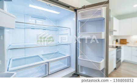 Empty modern clean open home refrigerator displaying paper sign reading fresh start healthy goals inside bright contemporary kitchen interior waiting for groceries Empty modern clean open home refrigerator displaying paper sign reading fresh start healthy goals inside bright contemporary kitchen interior waiting for groceries 138808852