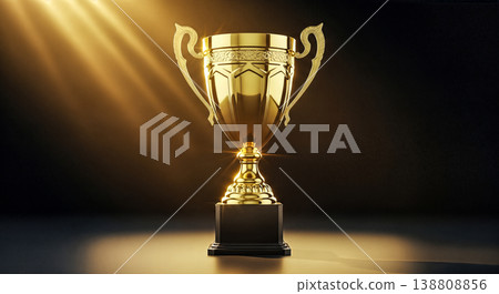 Shiny golden trophy cup illuminated by bright spotlight against dark background symbolizing ultimate business success sporting victory professional championship achievement or top award 138808856