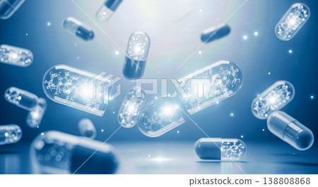 Abstract scientific macro photography open transparent medical capsules releasing glowing white molecular structures falling over dark blue background with bright bokeh lights 138808868