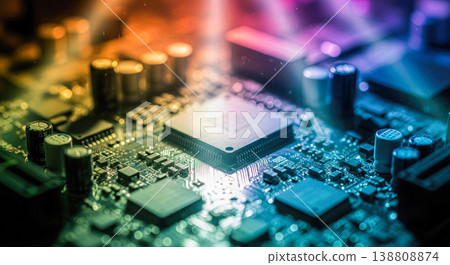 Macro view of computer processor chip on motherboard with dust particles and colorful neon lighting for technology background and cyber security concept Macro view of computer processor chip on motherboard with dust particles and colorful neon lighting for technology background and cyber security concept 138808874