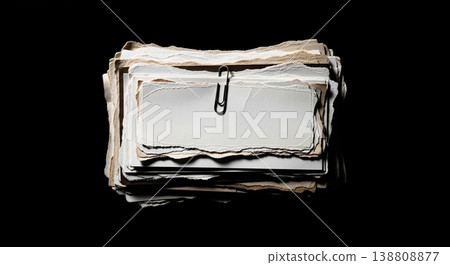 Horizontally arranged stack of textured vintage torn paper sheets holding blank white label with metal paperclip representing retro office stationery mockup copy space 138808877