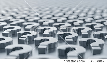 multiple silver metallic question marks scattered reflective surface abstract business concept finding answers problem solving endless choices searching information faq support background 138808887