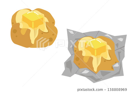 A set of illustrations showing steamed potatoes topped with butter (both plain and foil-wrapped). 138808969