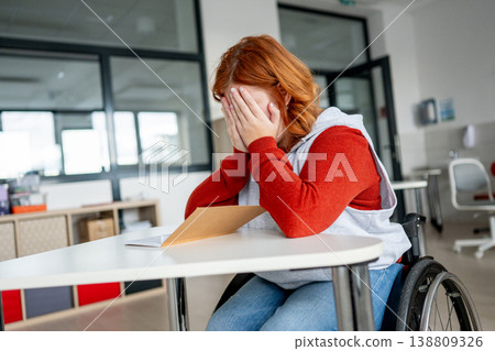 Young woman in wheelchair feeling distressed while reading test results. Young woman in wheelchair feeling distressed while reading test results. 138809326