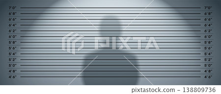 Police mugshot lineup dark background with height measurement scale and shadow silhouette Police mugshot lineup dark background with height measurement scale and shadow silhouette 138809736