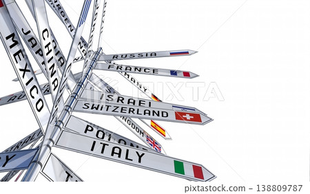 Signpost with national flags of different countries, white background Signpost with national flags of different countries, white background 138809787