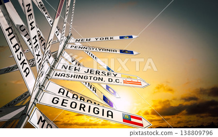 Signpost with different states in the USA, sky in background Signpost with different states in the USA, sky in background 138809796