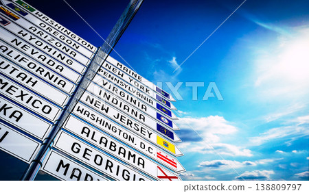 Signpost with different states in the USA, sky in background Signpost with different states in the USA, sky in background 138809797