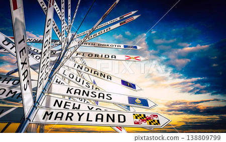 Signpost with different states in the USA, sky in background Signpost with different states in the USA, sky in background 138809799
