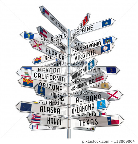 Signpost with different states in the USA, white background Signpost with different states in the USA, white background 138809804