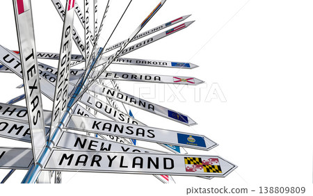 Signpost with different states in the USA, white background Signpost with different states in the USA, white background 138809809