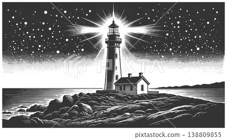 Lighthouse Shining Bright Under Starry Night Sky Lighthouse Shining Bright Under Starry Night Sky 138809855