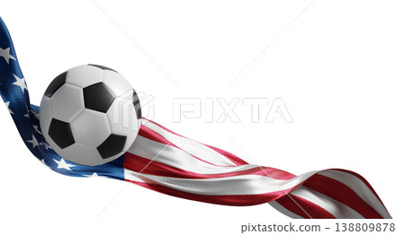 Soccer ball with waving american flag on white background with copy space 2026 America world football event concept banner 3D render 138809878