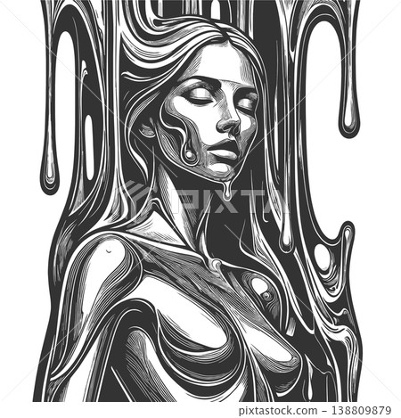 Liquid Metal Woman Portrait in Melting Style 138809879