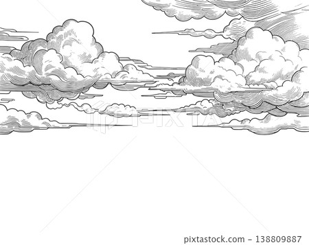 Vintage Engraved Clouds Stretching Across Sky Vintage Engraved Clouds Stretching Across Sky 138809887