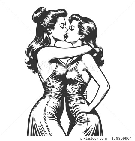 Two Women Kissing engraving raster illustration Two Women Kissing engraving raster illustration 138809904