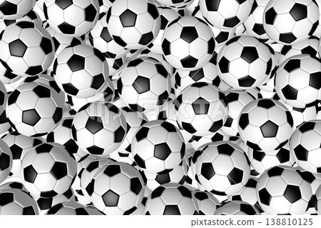 Many classic leather checkered black and white soccer balls - 3D illustration Many classic leather checkered black and white soccer balls - 3D illustration 138810125