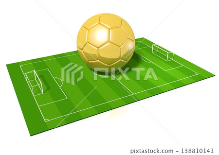 Golden soccer ball on pitch isolated on white background - 3D illustration 138810141