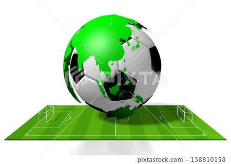 Soccer ball with world map and pitch on white background - 3D illustration Soccer ball with world map and pitch on white background - 3D illustration 138810158