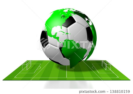 Soccer ball with world map and pitch on white background - 3D illustration Soccer ball with world map and pitch on white background - 3D illustration 138810159