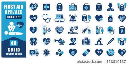 First Aid CPR AED Solid Vector Icon Set Featuring Medical Emergency, Rescue And Healthcare Symbols. Perfect For Apps, Websites And Safety Materials. Clean Modern Design With Clear And Recognizable Vis First Aid CPR AED Solid Vector Icon Set Featuring Medical Emergency, Rescue And Healthcare Symbols. Perfect For Apps, Websites And Safety Materials. Clean Modern Design With Clear And Recognizable Vis 138810187