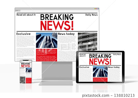 Computer monitor, smartphone and tablet with breaking news graphics - 3D illustration Computer monitor, smartphone and tablet with breaking news graphics - 3D illustration 138810213