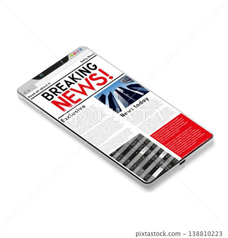 Smartphone with breaking news web page - 3D illustration 138810223