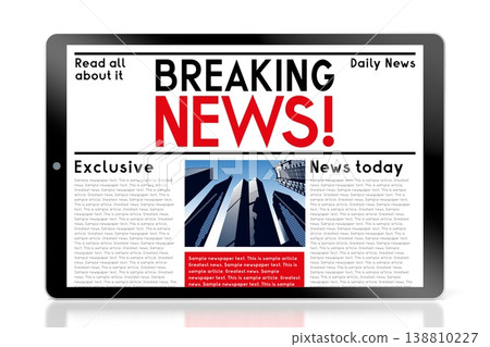Tablet with breaking news web page - 3D illustration Tablet with breaking news web page - 3D illustration 138810227